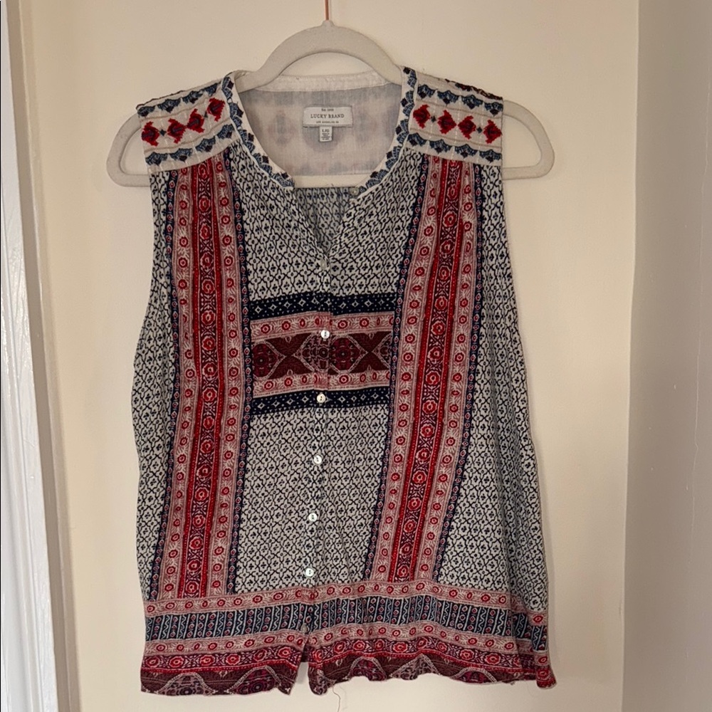 Lucky Brand Women's Red and Blue Patterned tank top